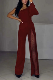 Women One Shoulder Sleeve High Split Overall Pants Jumpsuit High Waist Solid Color Full Length Pants