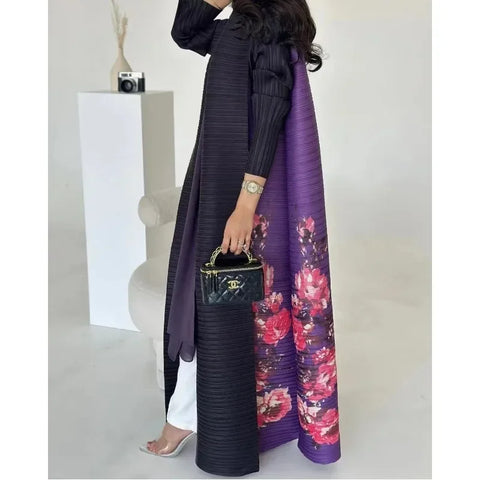 GGHK Pleated 2024 Spring and Autumn New Women Large Size Trench Dress Retro Printed Cardigan Design Female Luxury Abaya