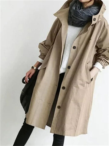 2023 Spring Autumn Casual Korean Fashion Hooded Medium Long Overcoat Loose Windproof Coat Women Trench Coat Solid Color Pocket