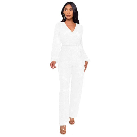 Spring And Summer Women's Clothing New Design Sense Deep V Fashion Casual Onesie Long Sleeve Belt Sequined Jumpsuit Temperament