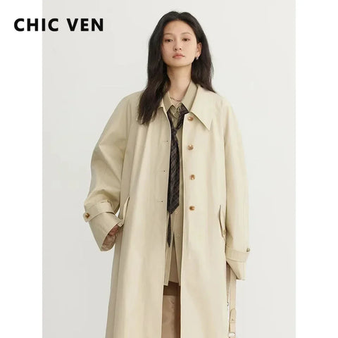 CHIC VEN Women's Long Trench Coat Casual Outerwear Loose Ladies Overcoat Single Breasted Female Windbreaker Spring Autumn 2023