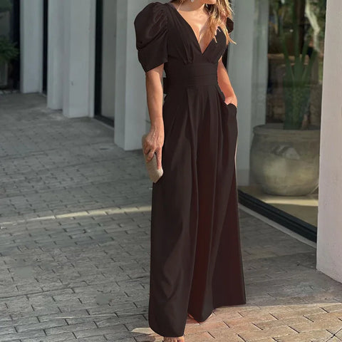 Women's Jumpsuit 2024 Autumn New Fashion Solid Color Full Sexy Clothing V-neck High Waist Loose Wide-leg Jumpsuits Playsuit