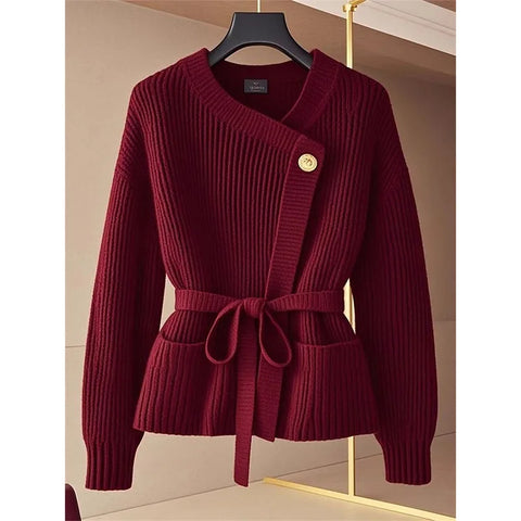 Red Fashion Knitted Cardigan Sweater Small Fragrant Women Spring Autumn Coat Top Temperament Belt Knitwear Femal 2025 NEW