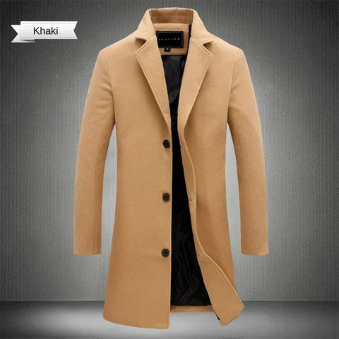 Men Long Cotton Coat 2024 Autumn Winter Wool Blend Pure Color Business Casual Slim Fit Windbreaker Jacket Fashion Men Clothing