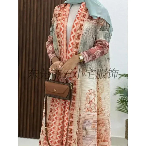 GGHK Pleated 2024 Spring and Autumn New Women Large Size Trench Dress Retro Printed Cardigan Design Female Luxury Abaya