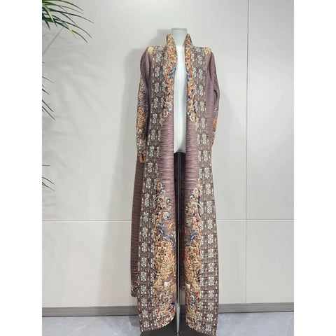 GGHK Pleated 2024 Spring and Autumn New Women Large Size Trench Dress Retro Printed Cardigan Design Female Luxury Abaya