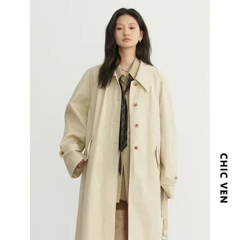 CHIC VEN Women's Long Trench Coat Casual Outerwear Loose Ladies Overcoat Single Breasted Female Windbreaker Spring Autumn 2023