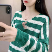 Fashion V-Neck Loose Hollow Out Striped Blouse Women's Clothing 2023 Autumn Winter New Oversized Casual Pullovers Korean Shirt