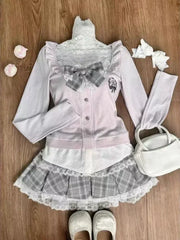 Autumn Winter Sweet Lolita 3 Piece Set Women Lace Up Knitted Cardigan+ Sexy Slim Strapless Vest Tops+ High Waist Ruched Skirts