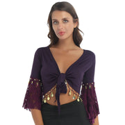 TiaoBug Women Lace Patchwork Three Quarter Flare Sleeve Bead Tassel Lace-Up Shawl Crop Tops Cardigan Indian Belly Dance Costume