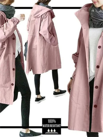 2023 Spring Autumn Casual Korean Fashion Hooded Medium Long Overcoat Loose Windproof Coat Women Trench Coat Solid Color Pocket