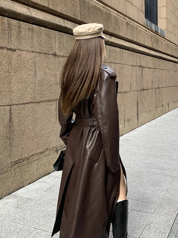 Autumn Long Black Patchwork Pu Leather Trench Coat for Women Double Breasted Loose Stylish Luxury Designer Clothing 2024