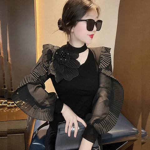 Fashion 3D Flower Blouse Hollow Out Diamonds Ruffles Shirt Women's Clothing 2024 Spring New Oversized Casual Office Lady Blusas