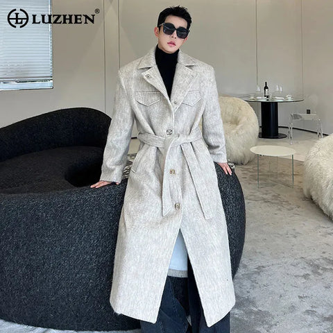 LUZHEN Autumn Winter Men's Woolen Long Trench Coat Thickened Fleece Elegant Street Male Stylish Belt Design Windbreaker LZ5227