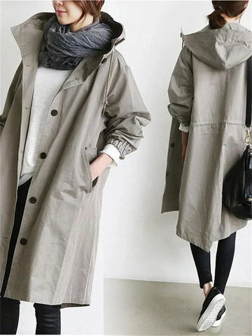 2023 Spring Autumn Casual Korean Fashion Hooded Medium Long Overcoat Loose Windproof Coat Women Trench Coat Solid Color Pocket