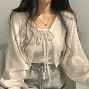 Deeptown Lace Up White Cardigan V Neck Knitwear Lantern Sleeve Women's Sweater Korean Fashion Spring Knit Oversize Wear To Work