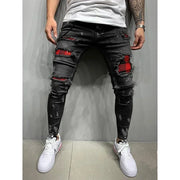 Biker Jeans Men's Distressed Stretch Ripped Biker Jeans Men Hip Hop Slim Fit Holes Punk Jeans Zipper Pure Color Denim Pants