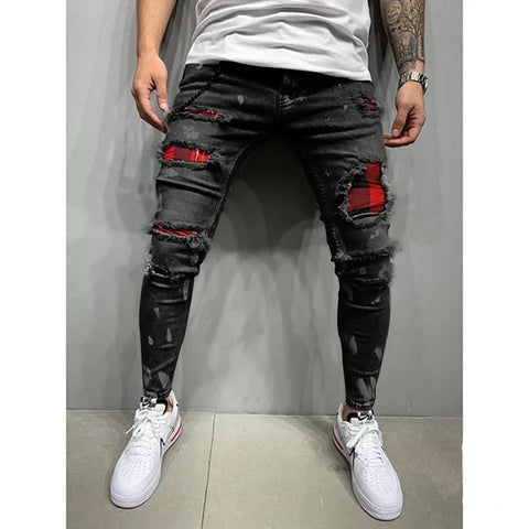 Biker Jeans Men's Distressed Stretch Ripped Biker Jeans Men Hip Hop Slim Fit Holes Punk Jeans Zipper Pure Color Denim Pants