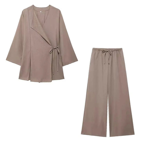 TRAFZA 2024 Spring Women Fashion Linen Suits New Solid Cardigan Kimono Top + Versatile Outerwear Female Wide Leg Long Pant