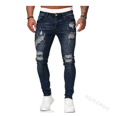 Biker Jeans Men's Distressed Stretch Ripped Biker Jeans Men Hip Hop Slim Fit Holes Punk Jeans Zipper Pure Color Denim Pants