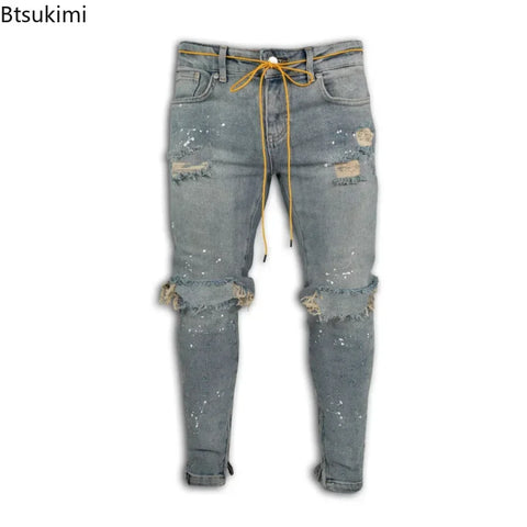 New 2025 Ripped Hole Jeans for Men Hip Hop Cargo Pant Distressed Denim Jeans Skinny Men Clothing Full Length Slim Trousers Male