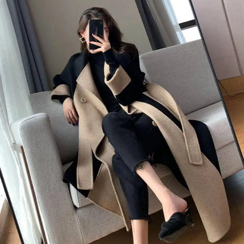 Elegant Double-breasted Women Overcoat Turn-down Collar Keep Warm Pockets Oversized Thermal Cardigan Wool Blends Women's Outwear