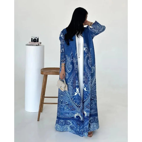 GGHK Pleated 2024 Spring and Autumn New Women Large Size Trench Dress Retro Printed Cardigan Design Female Luxury Abaya