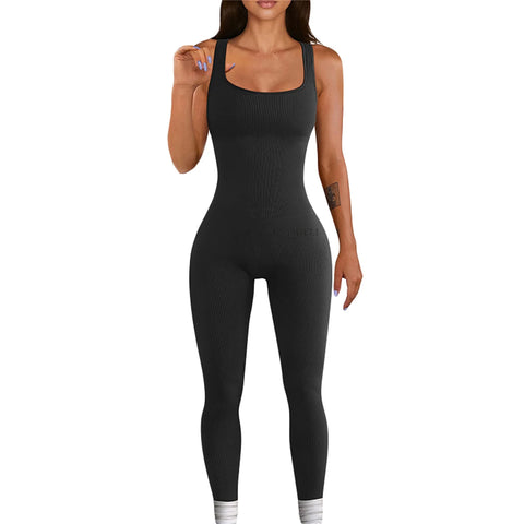 Women Black Full Length Jumpsuit Bodycon Workout Seamless Jumpsuits Yoga Ribbed  Tank Tops Rompers Sleeveless Exercise Overalls