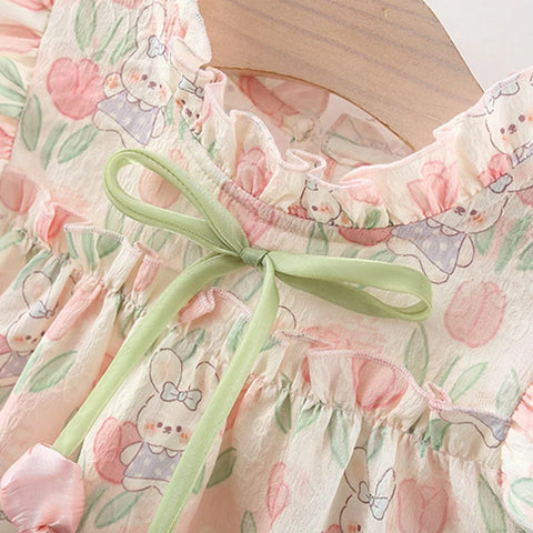 Summer Hardwear Girl Dress Tulip Cartoon Rabbit Print Small Flying Sleeves Flower Neck Bow Ribbon Tulip Flower Pattern