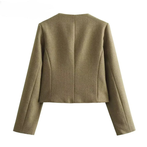 ASDS Women Fashion Autumn Winter Single-breasted Textured Round Neck Flip Pocket Short Jacket Coat Chic Ladies Tops Mujer