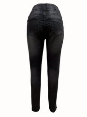 Plain Ripped Holes Skinny Jeans, Slim Fit Distressed Raw Hem Elastic Waist Denim Pants, Women's Denim Jeans & Clothing