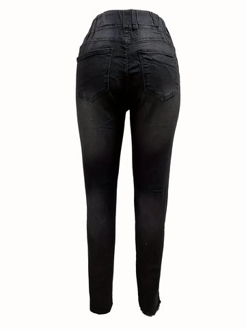 Plain Ripped Holes Skinny Jeans, Slim Fit Distressed Raw Hem Elastic Waist Denim Pants, Women's Denim Jeans & Clothing