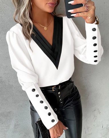 Elegant Women's Shirt Autumn 2025 New Fashion V-neck Pullover Solid Color Contrasting Loose Long Sleeved Button Women's Shirt