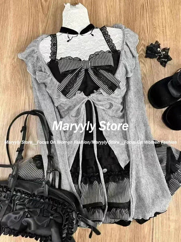 Autumn Winter Sweet Lolita 3 Piece Set Women Lace Up Knitted Cardigan+ Sexy Slim Strapless Vest Tops+ High Waist Ruched Skirts