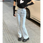 Vintage High Waist Flare Jeans Women Gray High Street Slim Boot Cut Denim Pants Stretchable Long Flared Denim Trousers Casual