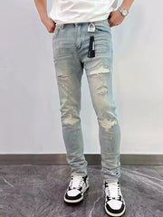 New Mens Ripped Splice Jeans Embroidery Skinny Pants High Quality Slim Vintage Blue Hip Hop Jeans Streetwear Mans Denim Trousers