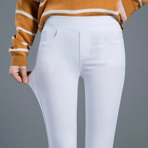 Office Lady Elastic High Waist Solid Color Trousers Summer Thin Female Clothing Casual Pockets Slim Nine Points Straight Pants