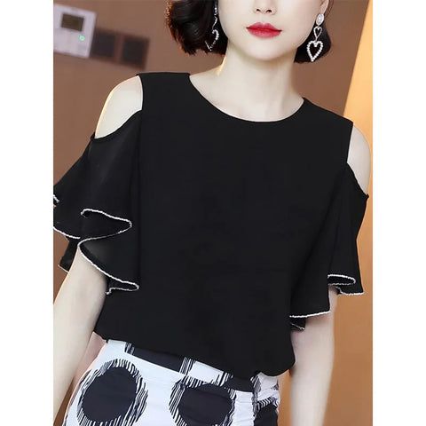 Fashion Off Shoulder O-Neck Spliced Ruffles Oversized Loose Hollow Out Chiffon Shirt Summer Casual Tops Commute Women's Blouse