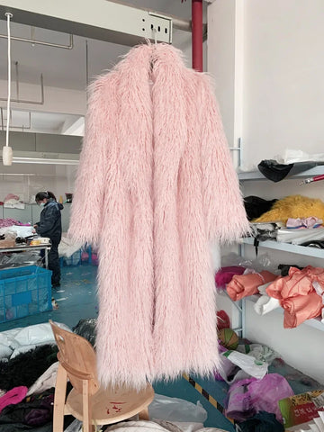 Women Imitation Sheep Faux Fur Long Coat Cardigan Thermal Loose Slim Fit Plush Coats Female Jacket Autumn Winter Furry Outerwear