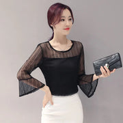 Elegant O-Neck Gauze Hollow Out Lace Flare Sleeve Blouse Women's Clothing 2023 Summer New Oversized Casual Pullovers Sweet Shirt