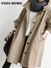 2023 Spring Autumn Casual Korean Fashion Hooded Medium Long Overcoat Loose Windproof Coat Women Trench Coat Solid Color Pocket