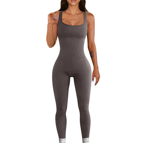 Women Black Full Length Jumpsuit Bodycon Workout Seamless Jumpsuits Yoga Ribbed  Tank Tops Rompers Sleeveless Exercise Overalls