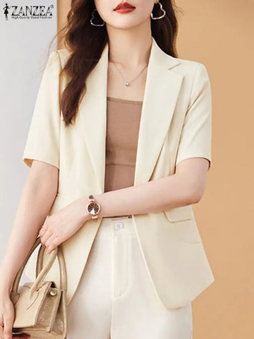 ZANZEA Summer Elegant OL Work Blazer Women Fashion Lapel Neck Short Sleeve Jackets Casual Solid Cardigan Office Lady Outwear