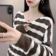 Fashion V-Neck Loose Hollow Out Striped Blouse Women's Clothing 2023 Autumn Winter New Oversized Casual Pullovers Korean Shirt