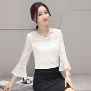 Elegant O-Neck Gauze Hollow Out Lace Flare Sleeve Blouse Women's Clothing 2023 Summer New Oversized Casual Pullovers Sweet Shirt