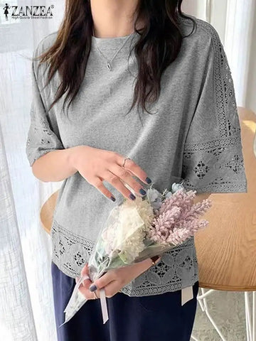 ZANZEA Bohemian Summer Blouses 2023 Casual Loose Tops Women Half Sleeve Blusas Female Hollow Out Solid Tunic Oversized Chemise