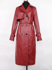 Nerazzurri Spring Long Wine Red Faux Leather Trench Coat for Women Double Breasted Luxury Designer Stylish Waterproof Raincoat