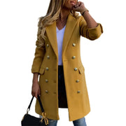 Women Wool Coat Autumn Winter Long Sleeve Pure Color Turn-Down Collar Double-breasted Women Overcoat Women Greatcoat Outerwear