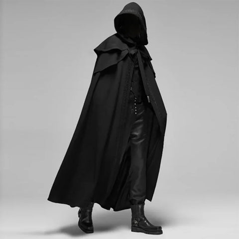 Medieval Vintage Hooded Loose Black Cloak Coats Windproof Trench Chic Winter Long Cape Poncho Gothic Mens Monk  Cosplay