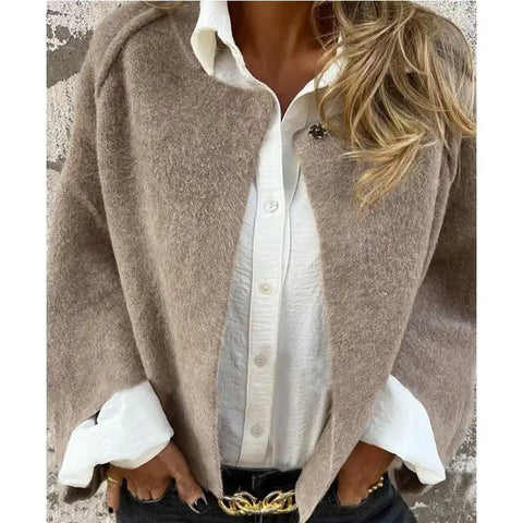 Women's Wool Blend Short Coat Autumn Winter Loose Long Sleeved Solid Color Jacket